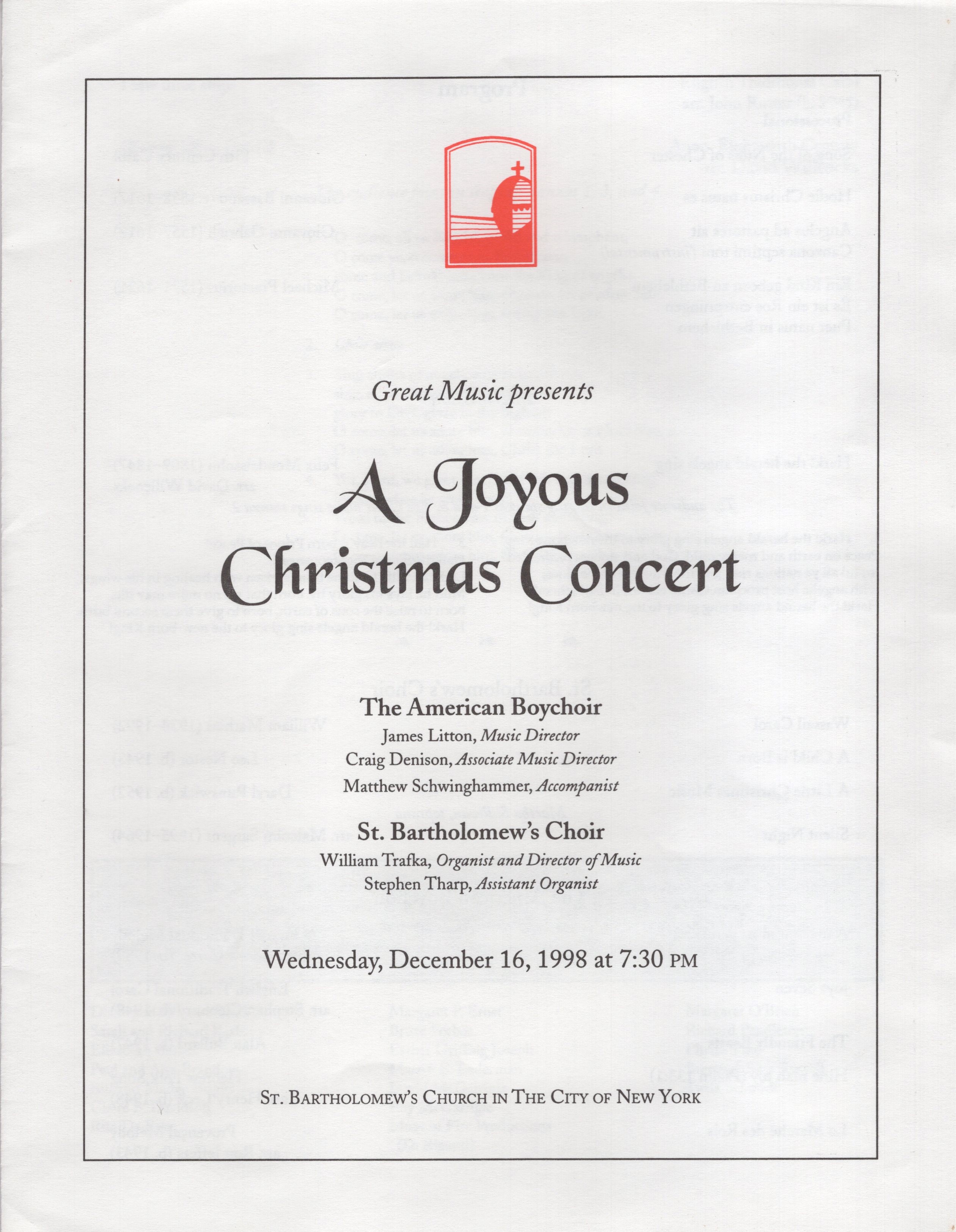 A Joyous Christmas Concert, St. Bartholomew's Church Concert Programs